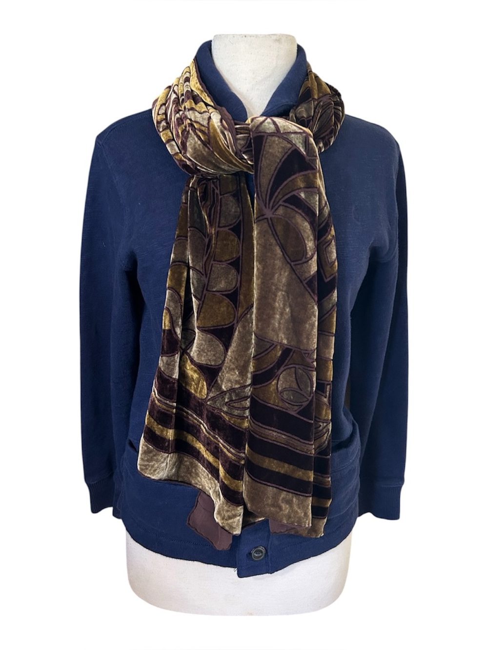 Red Fish Designs Scarf Velour Silk Rayon Brown Gold Abstract Fall Vibes Academia